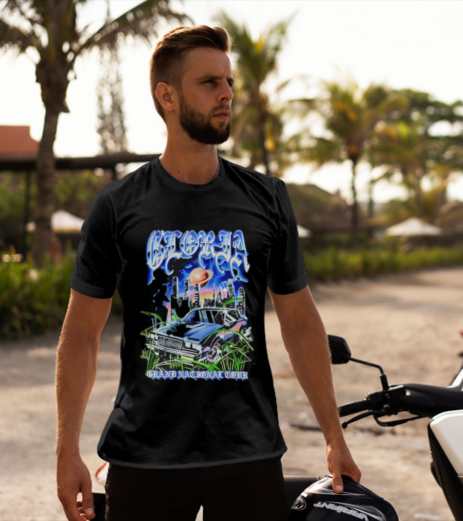Gloria Grand National Tour Classic Car City Skyline Planet T-Shirt