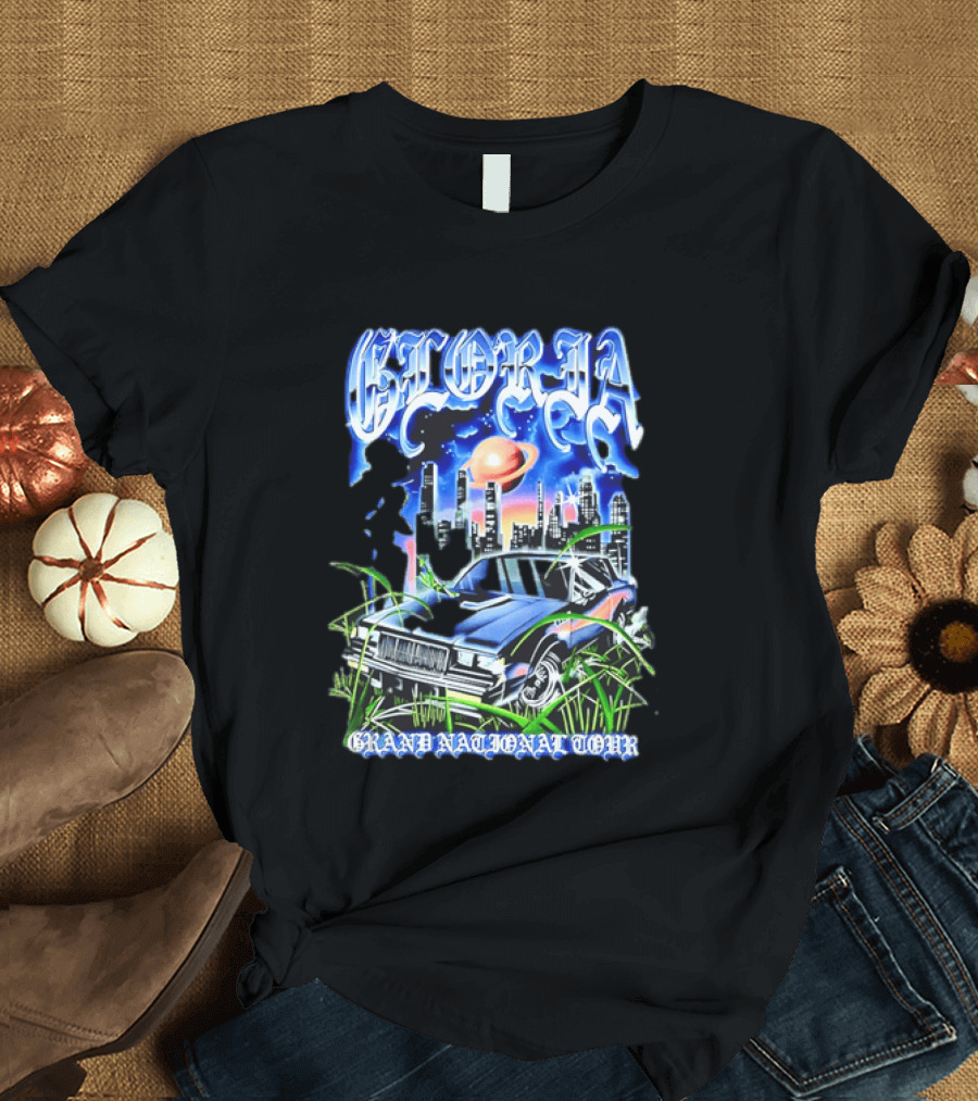Gloria Grand National Tour Classic Car City Skyline Planet T-Shirt