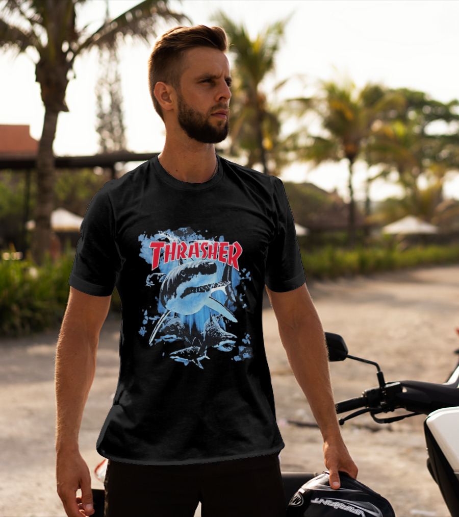 Thrasher Shark Blue Print Skateboarding T-Shirt