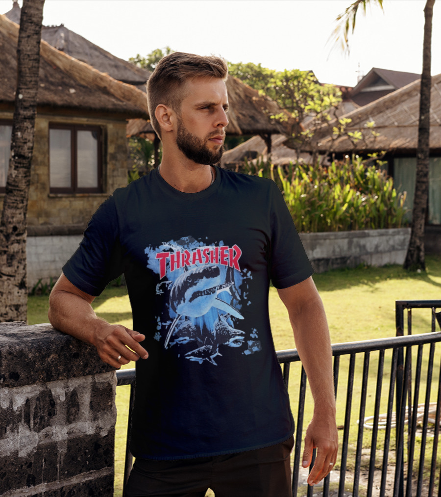 Thrasher Shark Blue Print Skateboarding T-Shirt