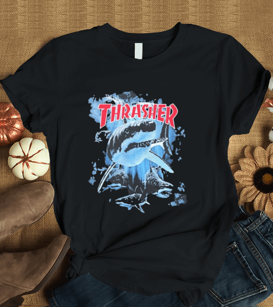 Thrasher Shark Blue Print Skateboarding T-Shirt