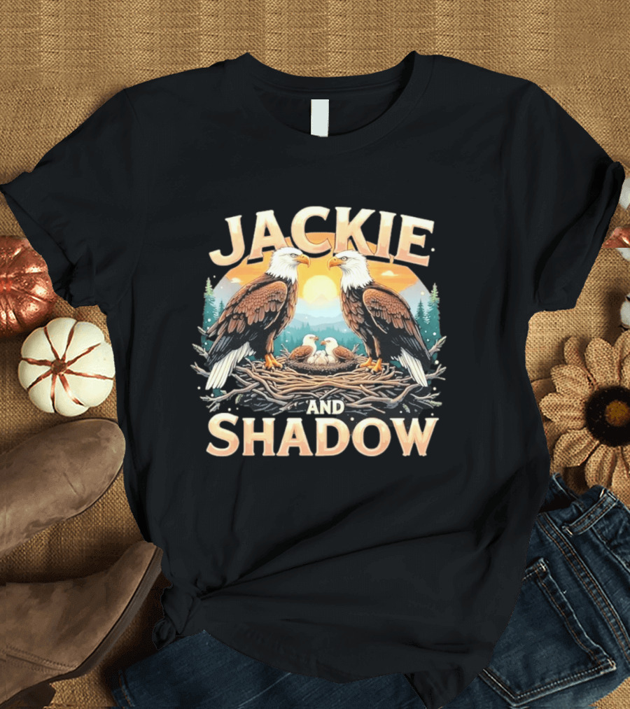 Jackie And Shadow American Eagles Family In Nest With Mountains And Sun T-Shirt
