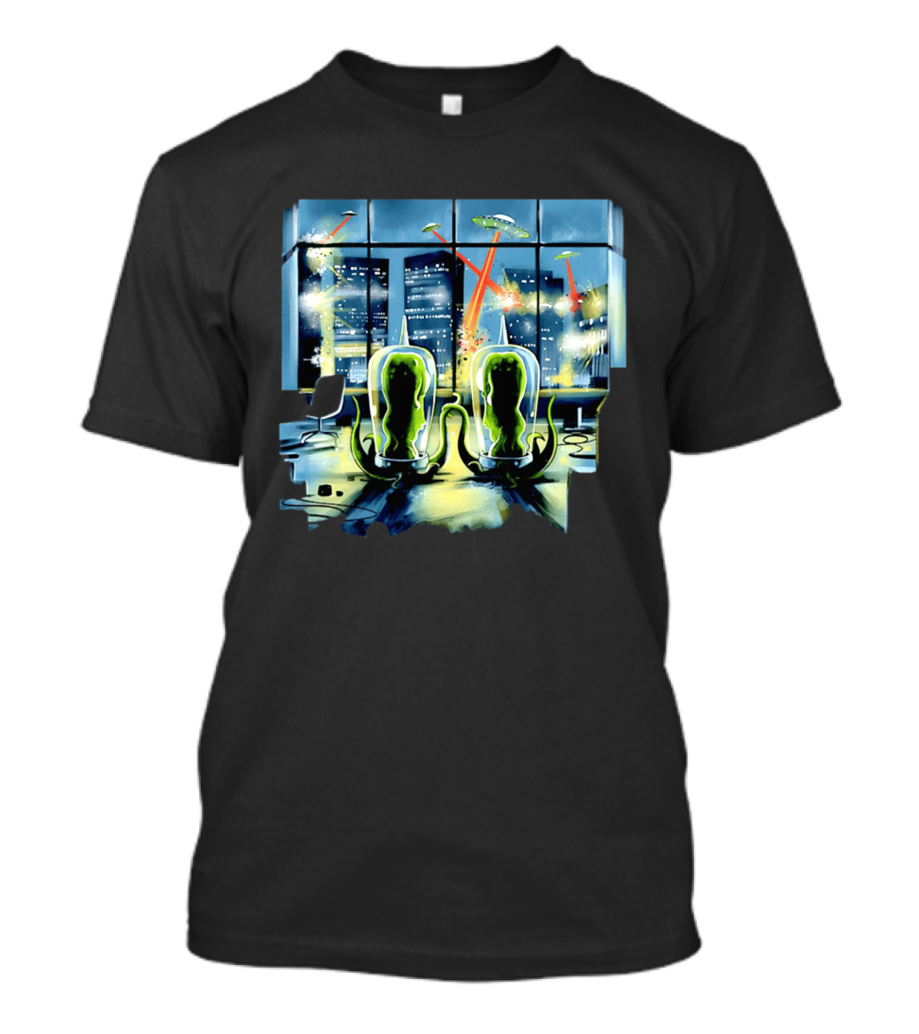 Project Rigel Alien Invasion City Battle Scene With Flying Saucers And Lasers T-Shirt