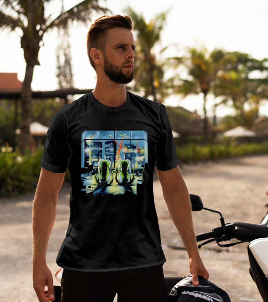 Project Rigel Alien Invasion City Battle Scene With Flying Saucers And Lasers T-Shirt