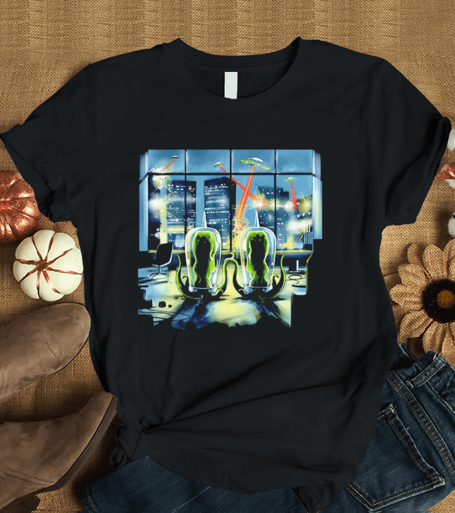 Project Rigel Alien Invasion City Battle Scene With Flying Saucers And Lasers T-Shirt