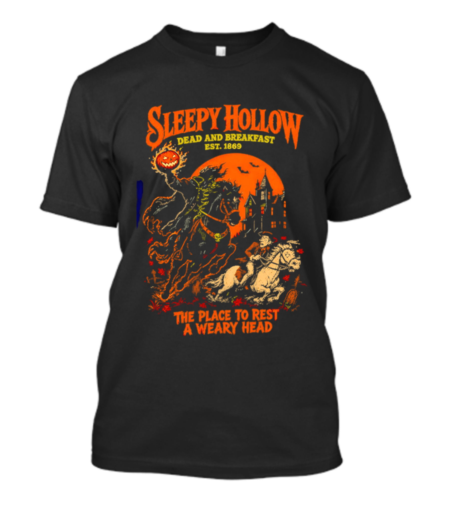 Sleepy Hollow Dead And Breakfast Est 1820 Headless Horseman The Place To Rest A Weary Head Halloween Pumpkin T-Shirt