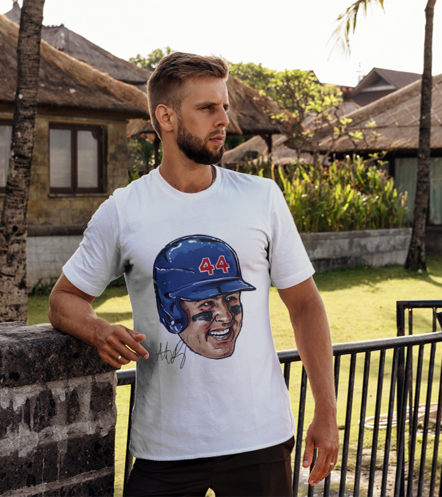 Anthony Rizzo 44 Blue Helmet Halftone Caricature T-Shirt