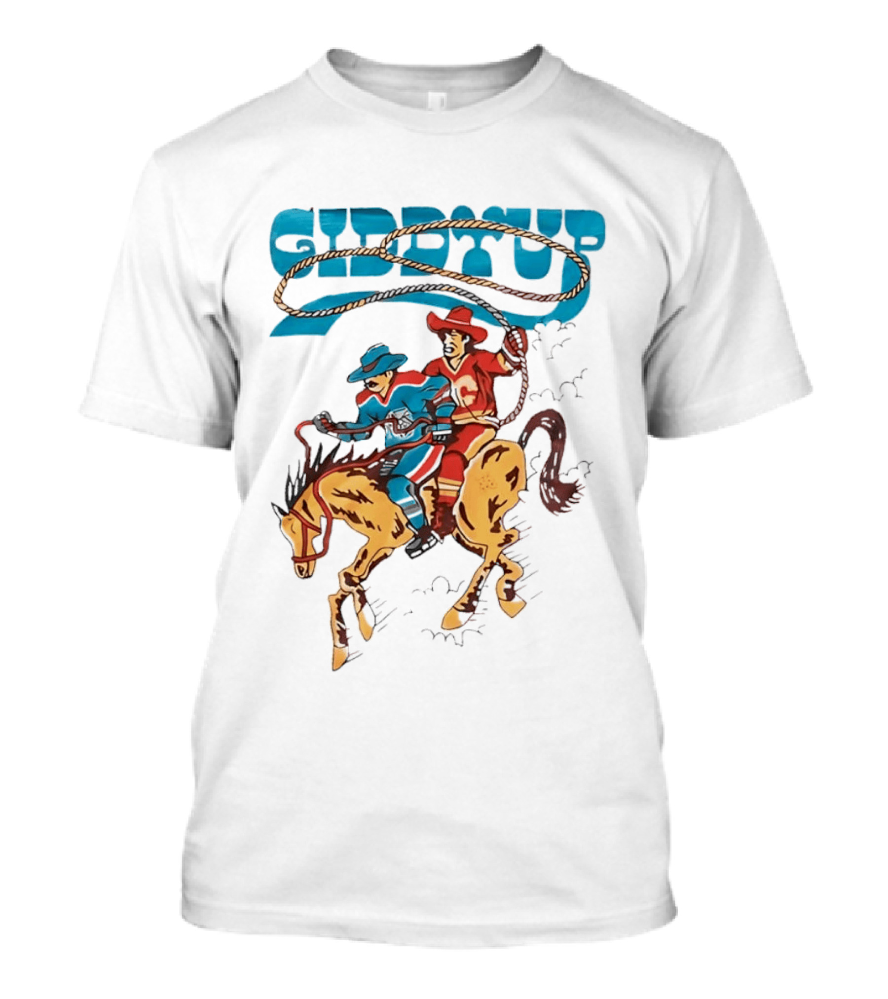 Calgary Flames Edmonton Oilers NHL Hockey Players Giddyup Cartoon Riding Bucking Horse Lasso T-Shirt