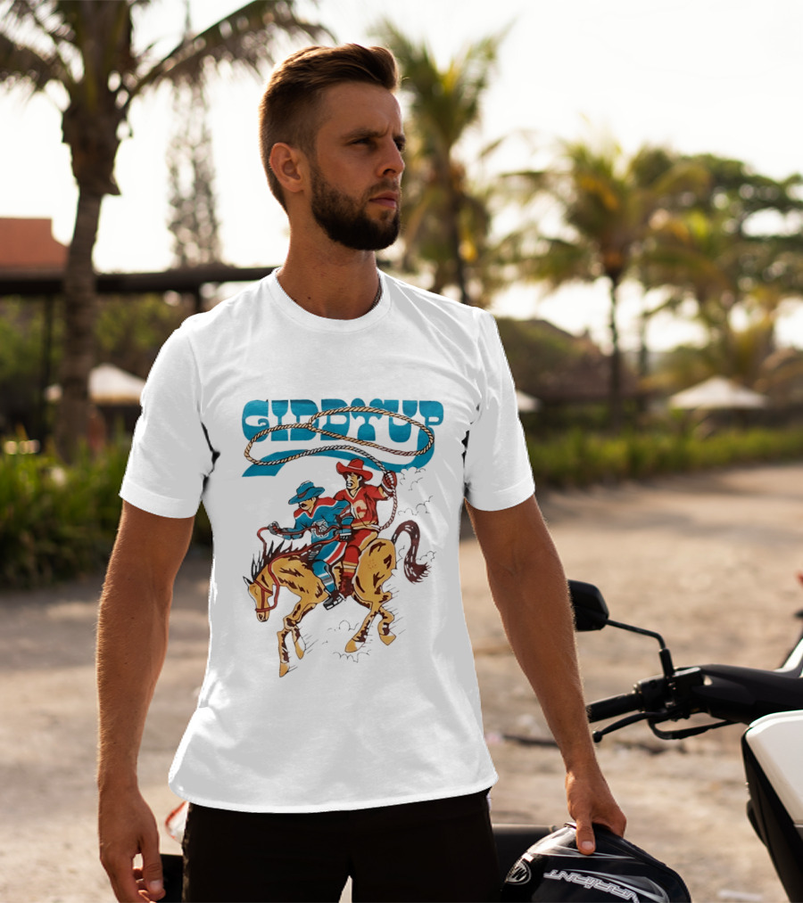Calgary Flames Edmonton Oilers NHL Hockey Players Giddyup Cartoon Riding Bucking Horse Lasso T-Shirt