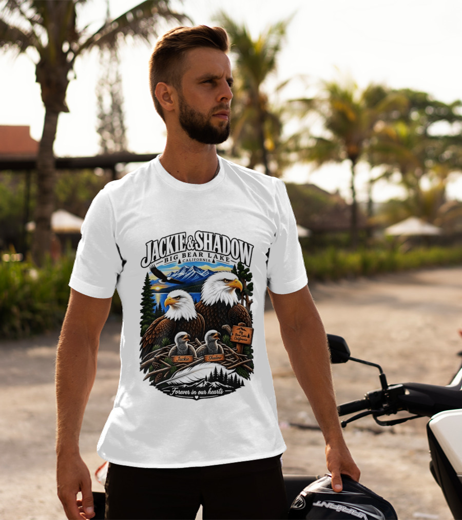 Jackie And Shadow Big Bear Lake California Bald Eagles Eaglets Nest Forever In Our Hearts Sunset Mountain T-Shirt