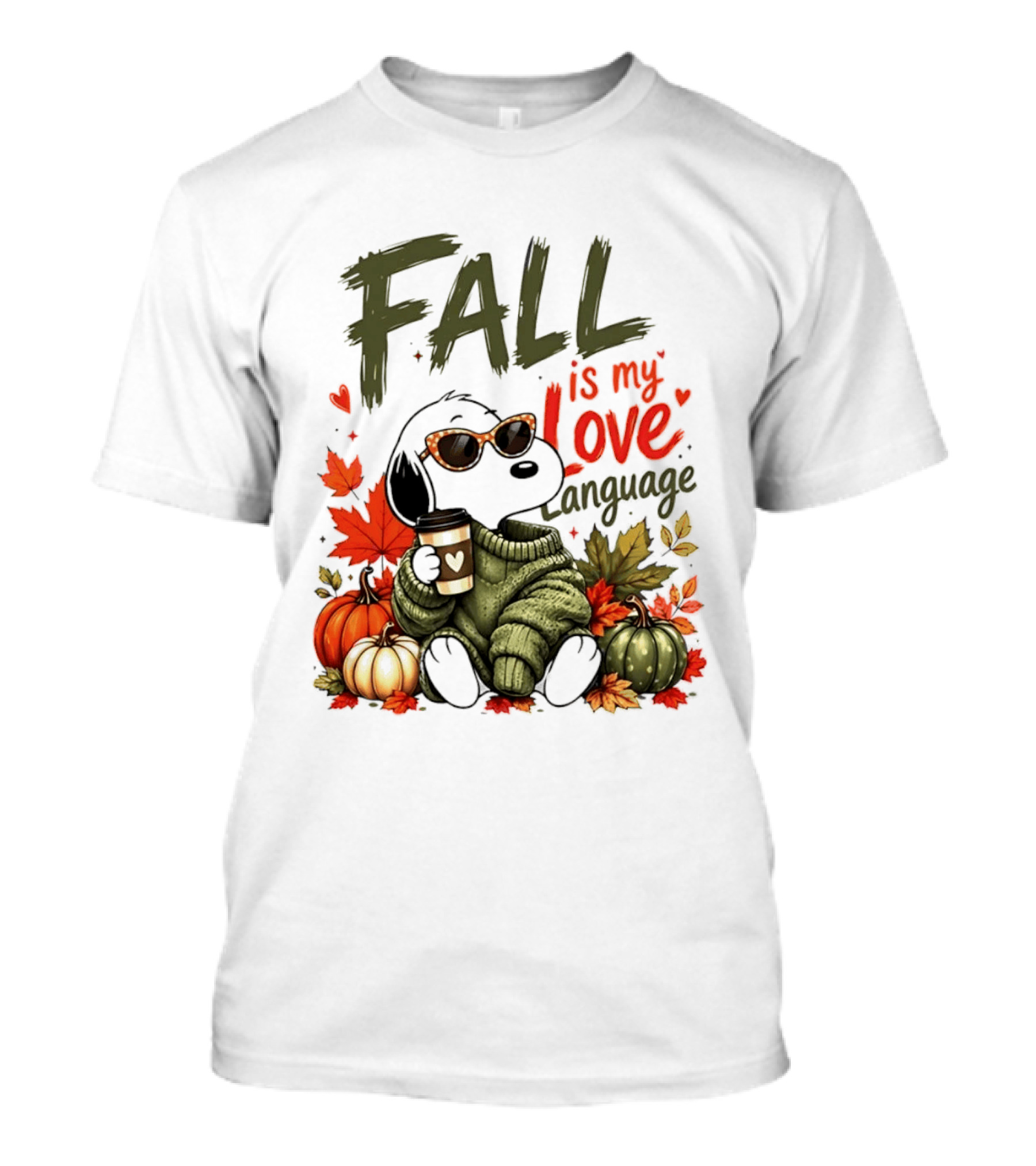 Fall Is My Love Language Cartoon Dog Cozy Green Sweater Pumpkins Leaves Coffee T-Shirt