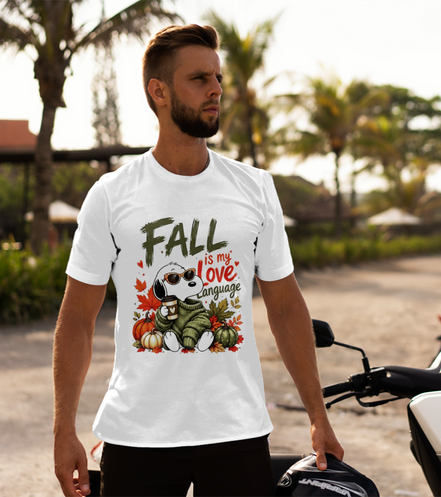 Fall Is My Love Language Cartoon Dog Cozy Green Sweater Pumpkins Leaves Coffee T-Shirt