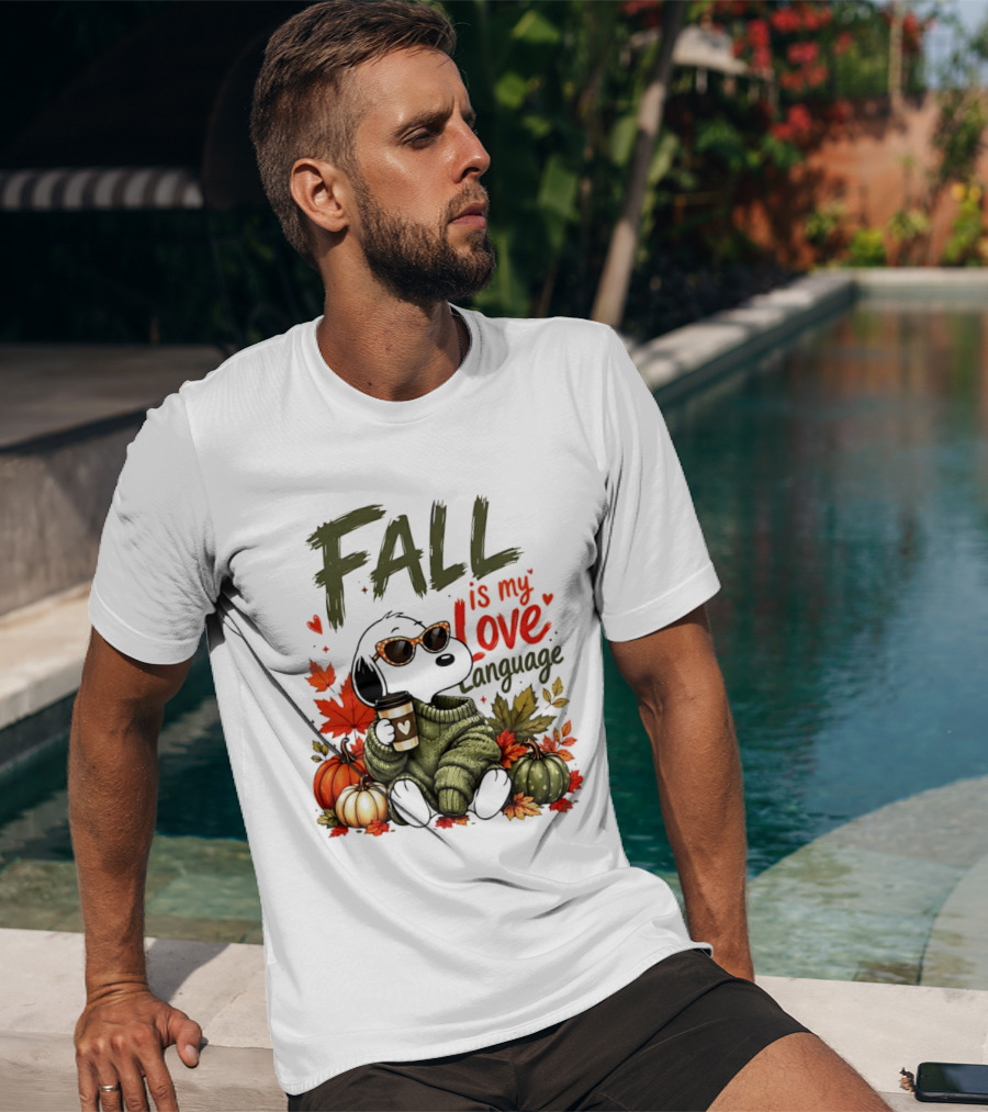 Fall Is My Love Language Cartoon Dog Cozy Green Sweater Pumpkins Leaves Coffee T-Shirt