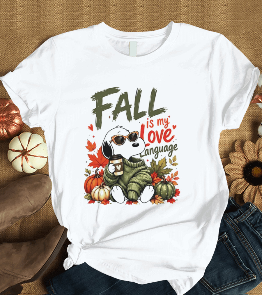 Fall Is My Love Language Cartoon Dog Cozy Green Sweater Pumpkins Leaves Coffee T-Shirt