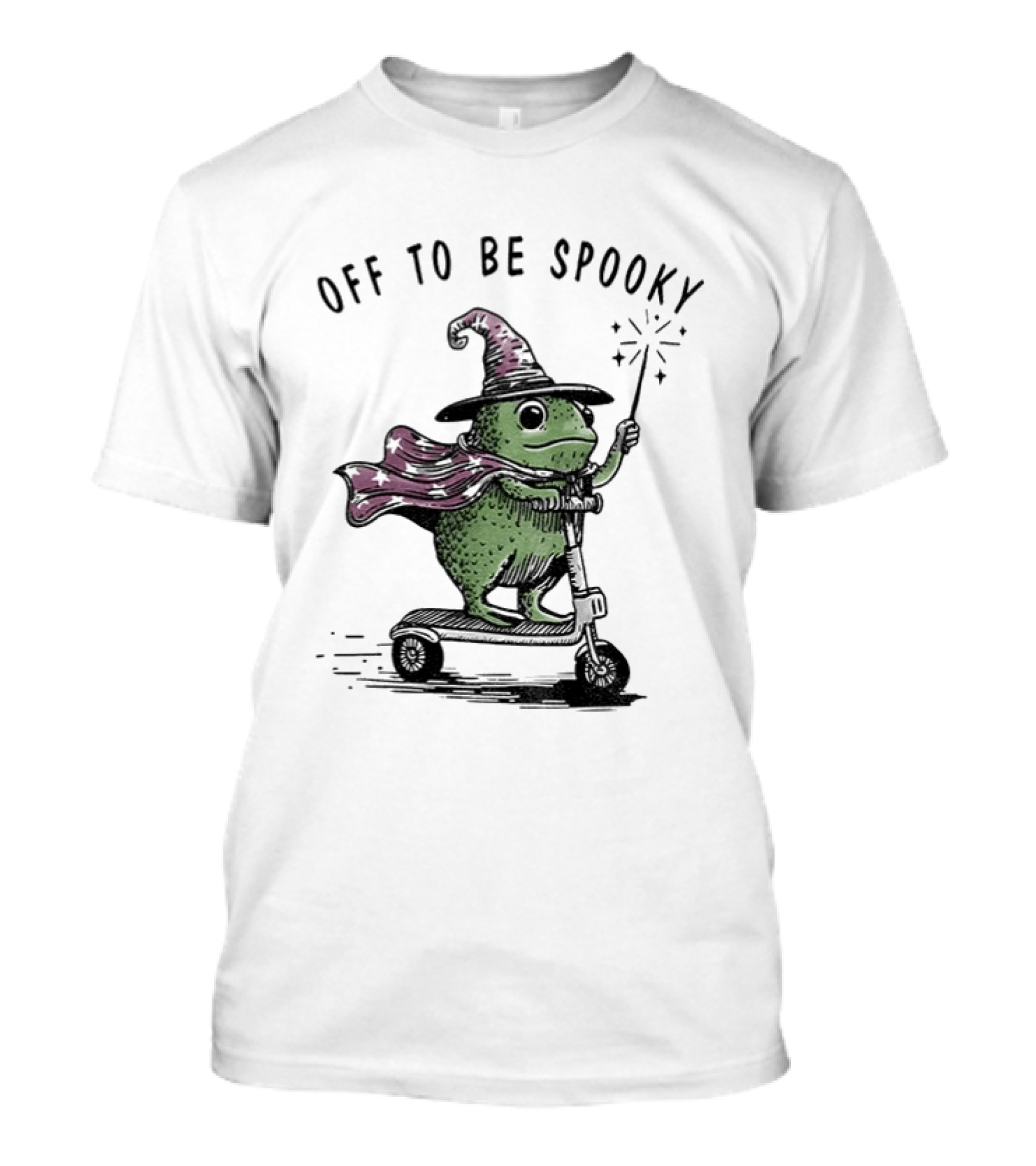 Frog Wizard On Scooter With Cape Off To Be Spooky Magic Wand T-Shirt