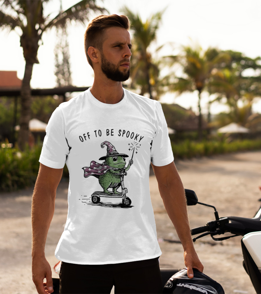 Frog Wizard On Scooter With Cape Off To Be Spooky Magic Wand T-Shirt