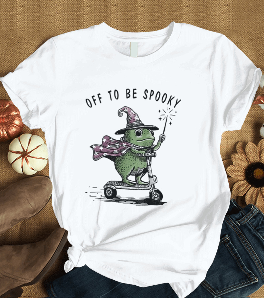 Frog Wizard On Scooter With Cape Off To Be Spooky Magic Wand T-Shirt