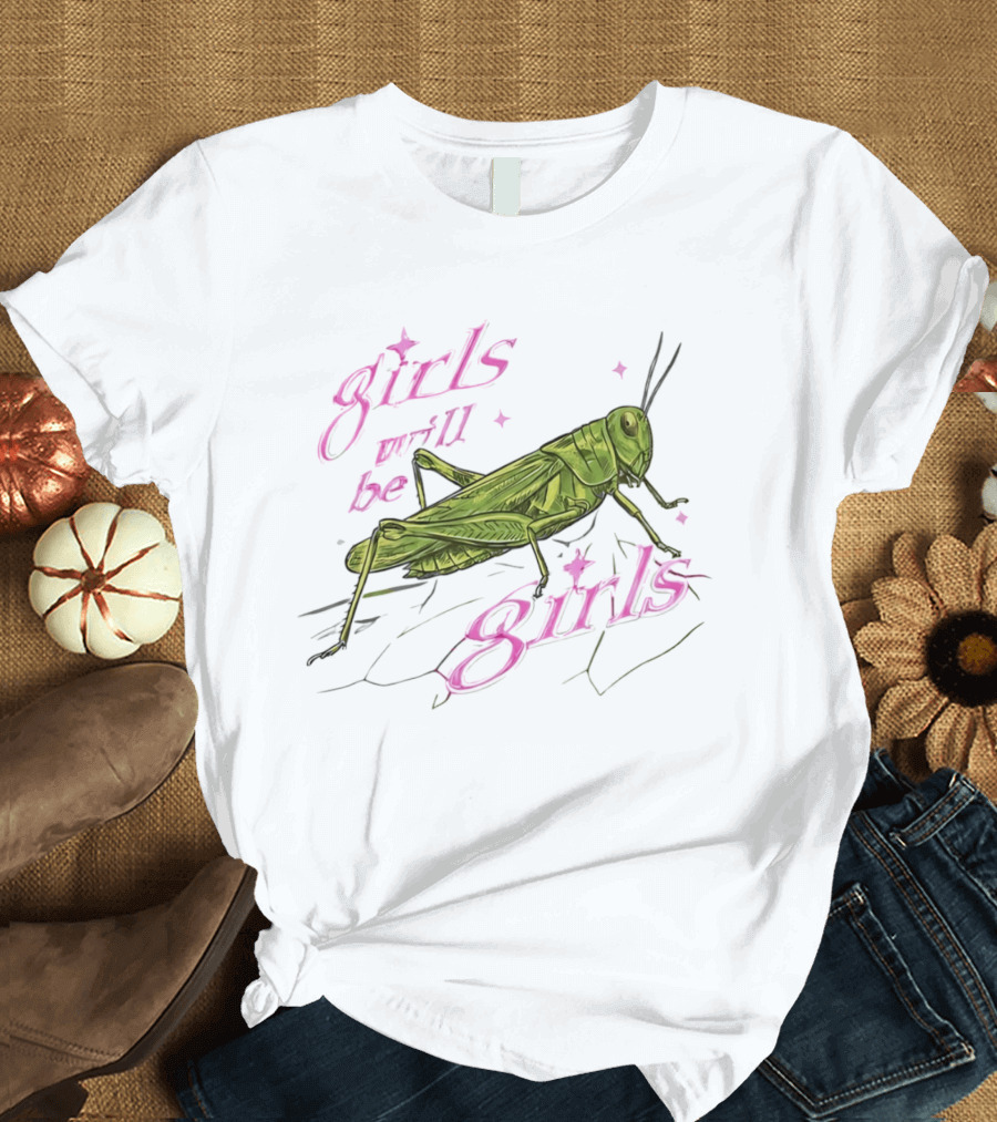 Girls Will Be Girls Green Grasshopper Pink Sparkles T-Shirt
