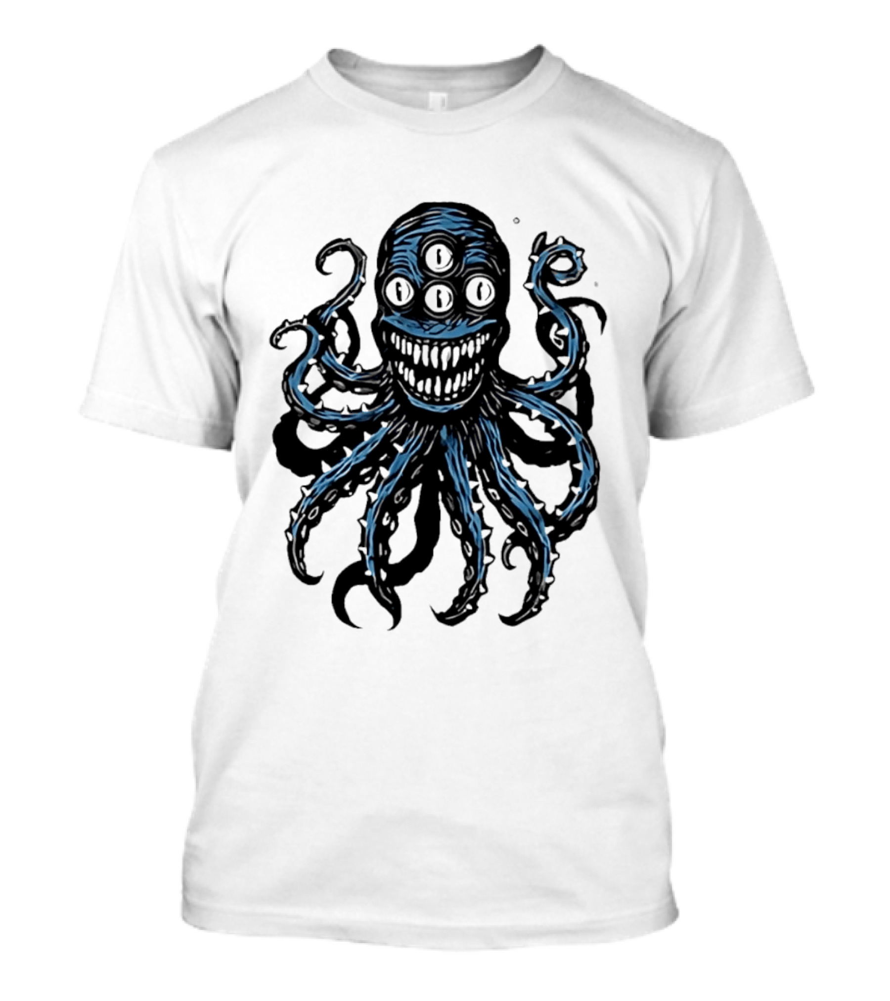 Monstrous Spiky Tentacles Blue Octopus Woodcut T-Shirt