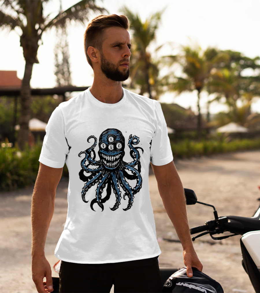 Monstrous Spiky Tentacles Blue Octopus Woodcut T-Shirt