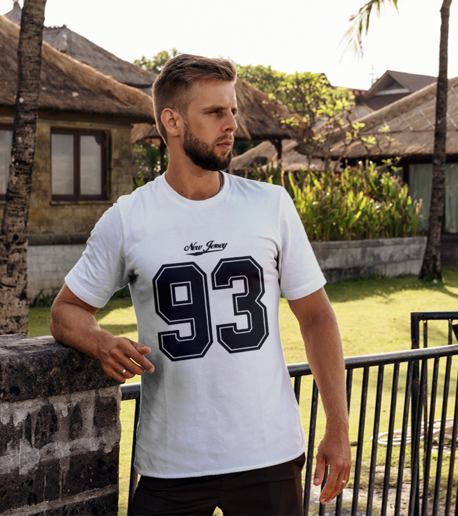 New Jersey 93 Cursive Script Black Varsity Block Number T-Shirt
