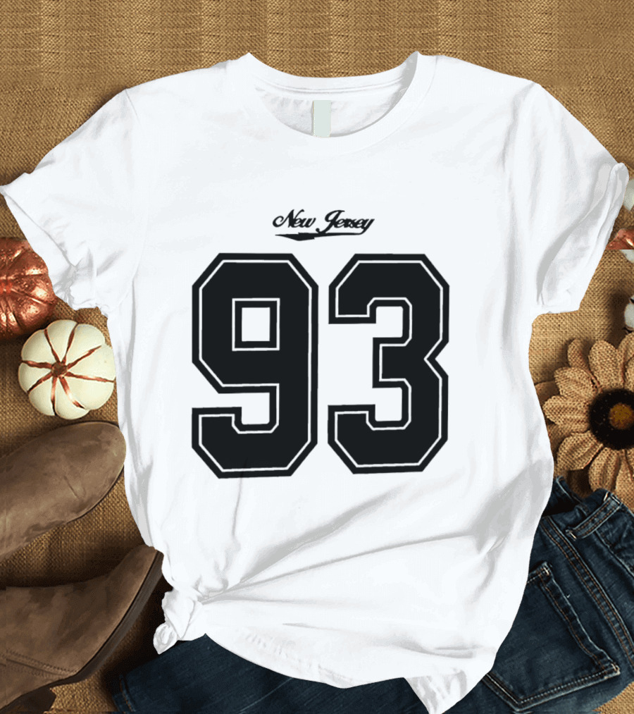 New Jersey 93 Cursive Script Black Varsity Block Number T-Shirt