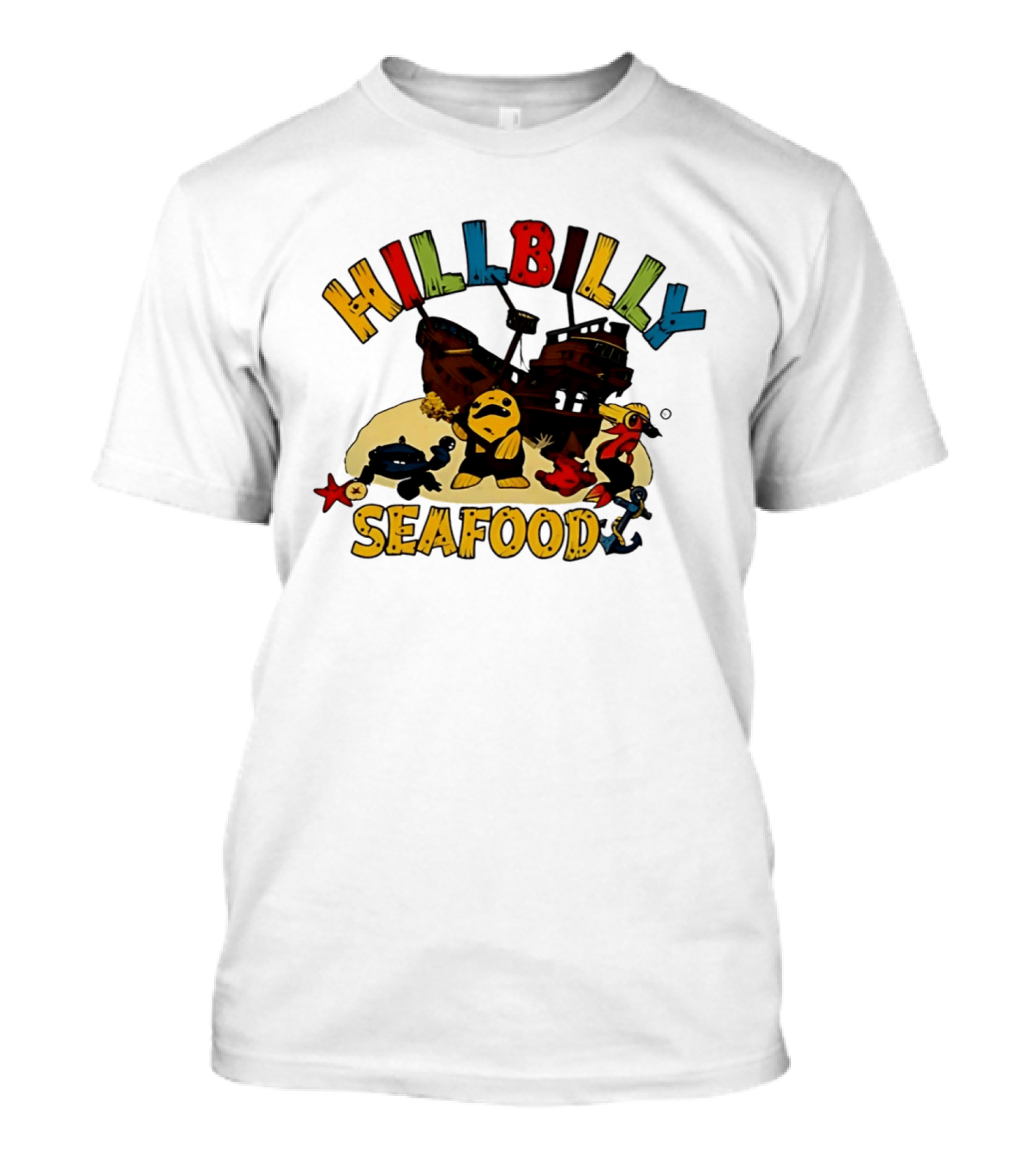 Hillbilly Seafood Cartoon Pirate Ship And Ocean Life Fish Adventure T-Shirt