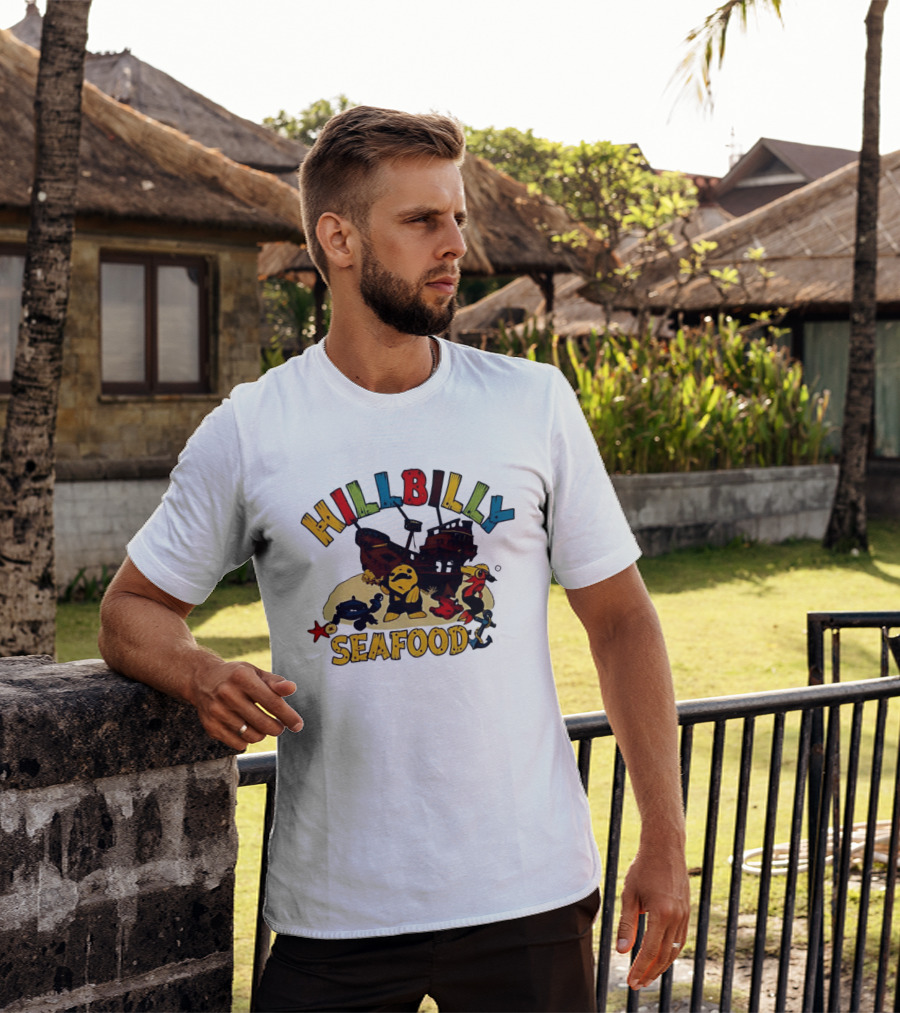 Hillbilly Seafood Cartoon Pirate Ship And Ocean Life Fish Adventure T-Shirt