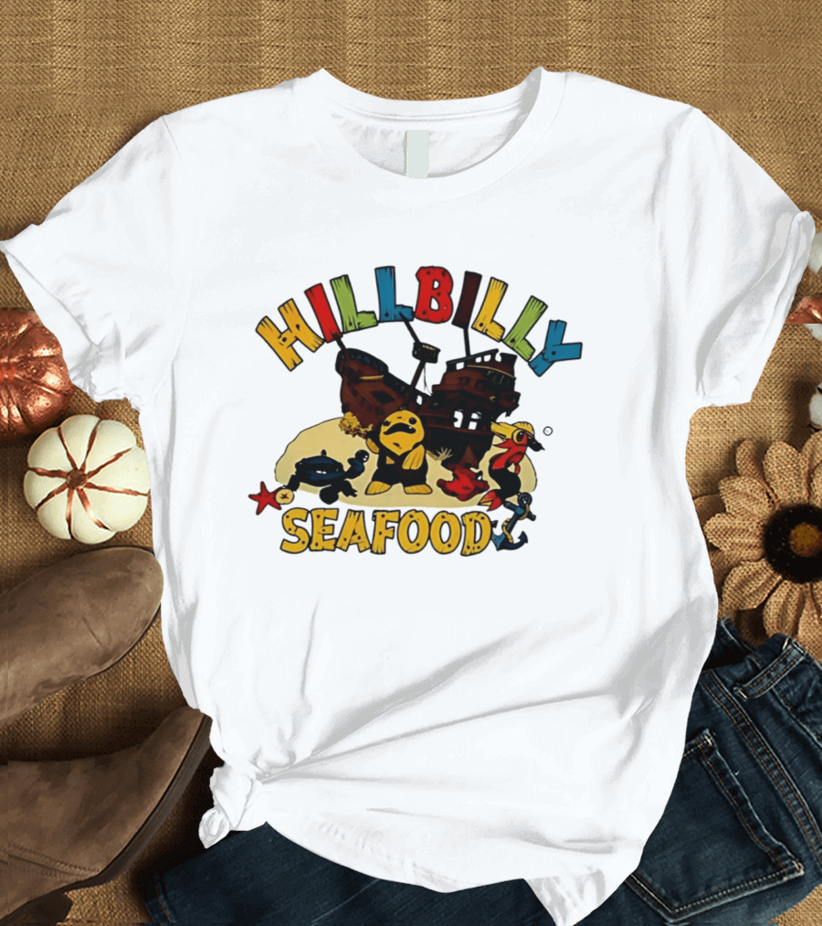 Hillbilly Seafood Cartoon Pirate Ship And Ocean Life Fish Adventure T-Shirt