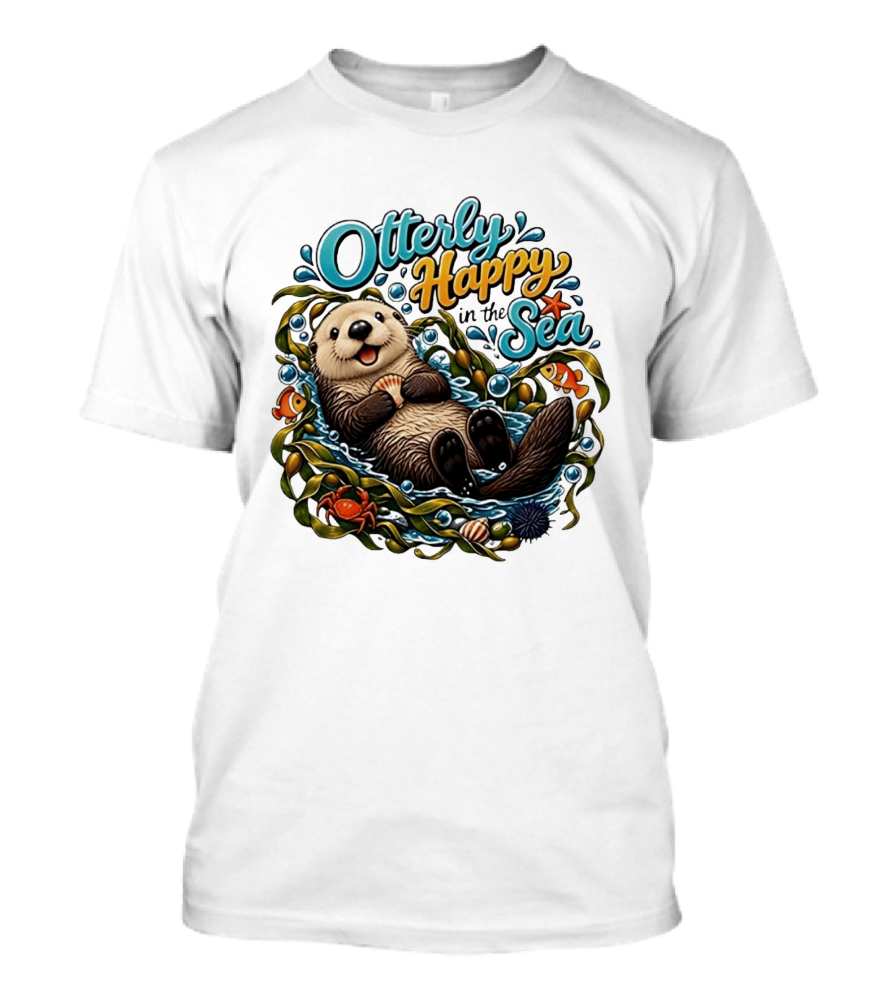 Otterly Happy In The Sea Cartoon Otter Floating With Kelp, Shell, Fish, Crab T-Shirt