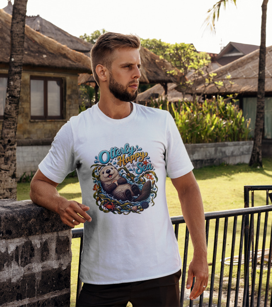 Otterly Happy In The Sea Cartoon Otter Floating With Kelp, Shell, Fish, Crab T-Shirt