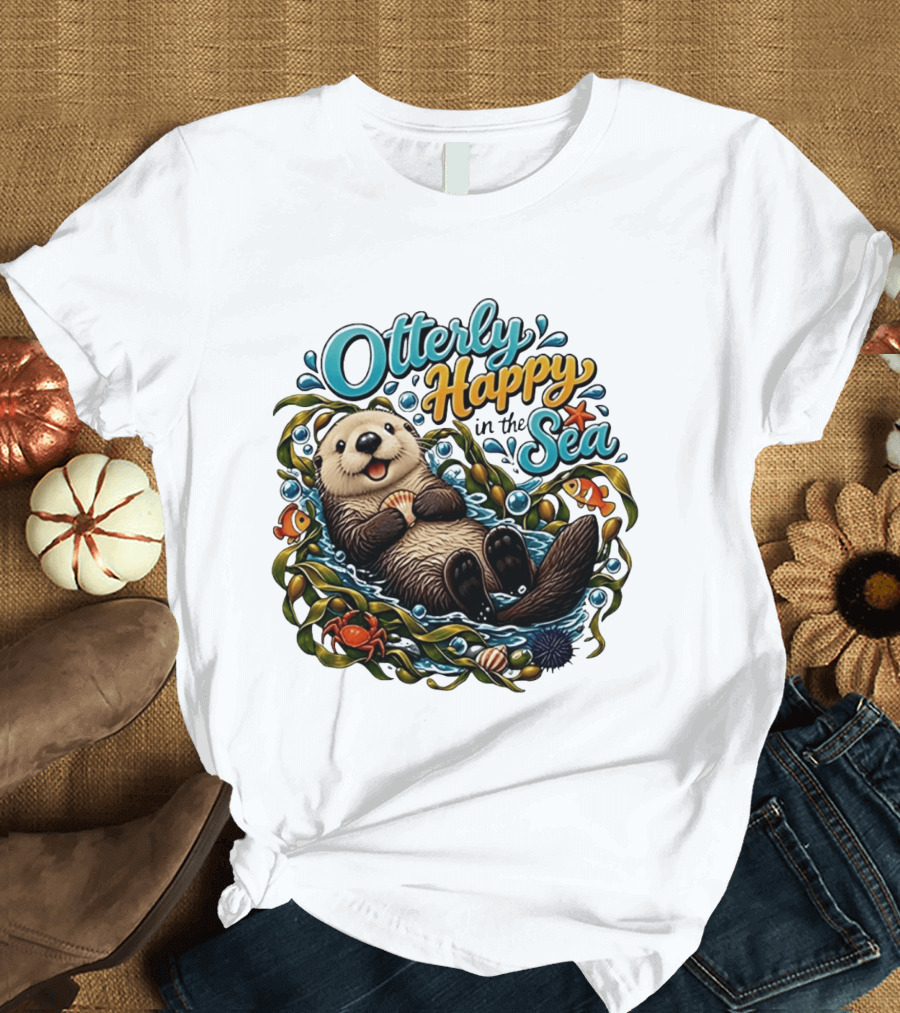 Otterly Happy In The Sea Cartoon Otter Floating With Kelp, Shell, Fish, Crab T-Shirt