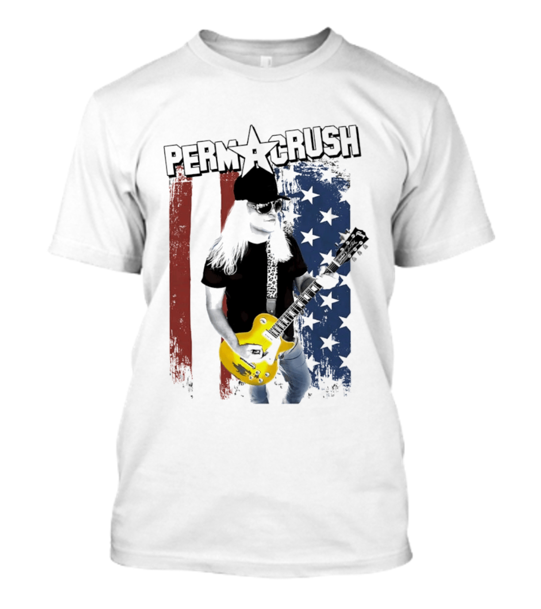 Perm A Crush Long Blonde Hair Yellow Guitar American Flag T-Shirt