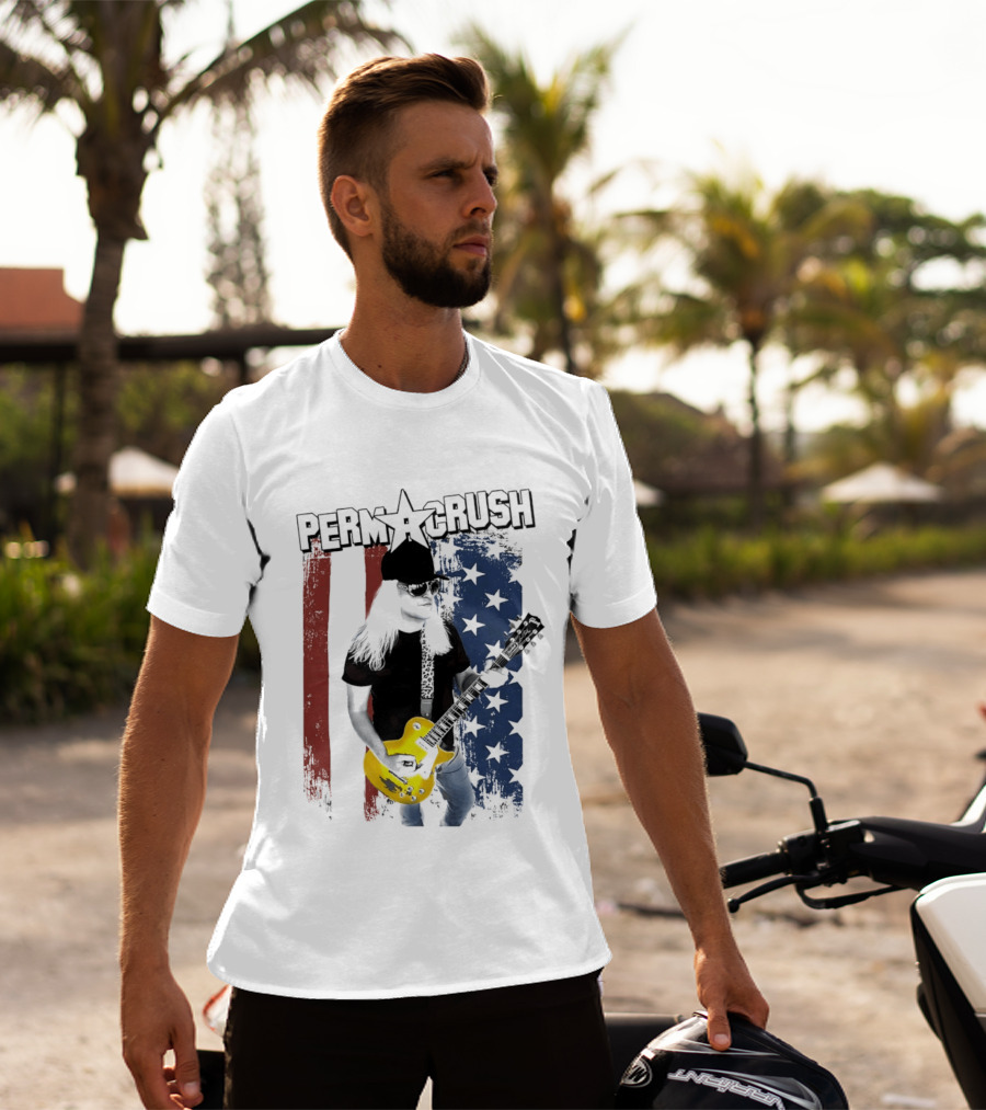 Perm A Crush Long Blonde Hair Yellow Guitar American Flag T-Shirt