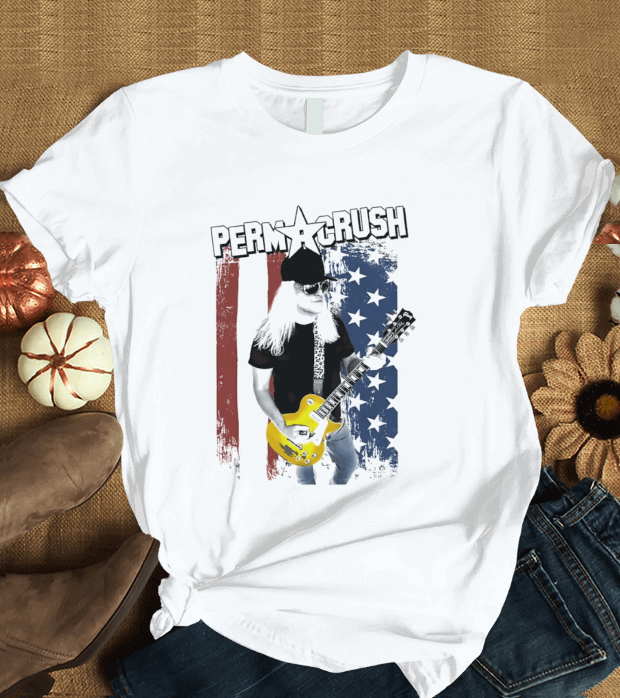 Perm A Crush Long Blonde Hair Yellow Guitar American Flag T-Shirt