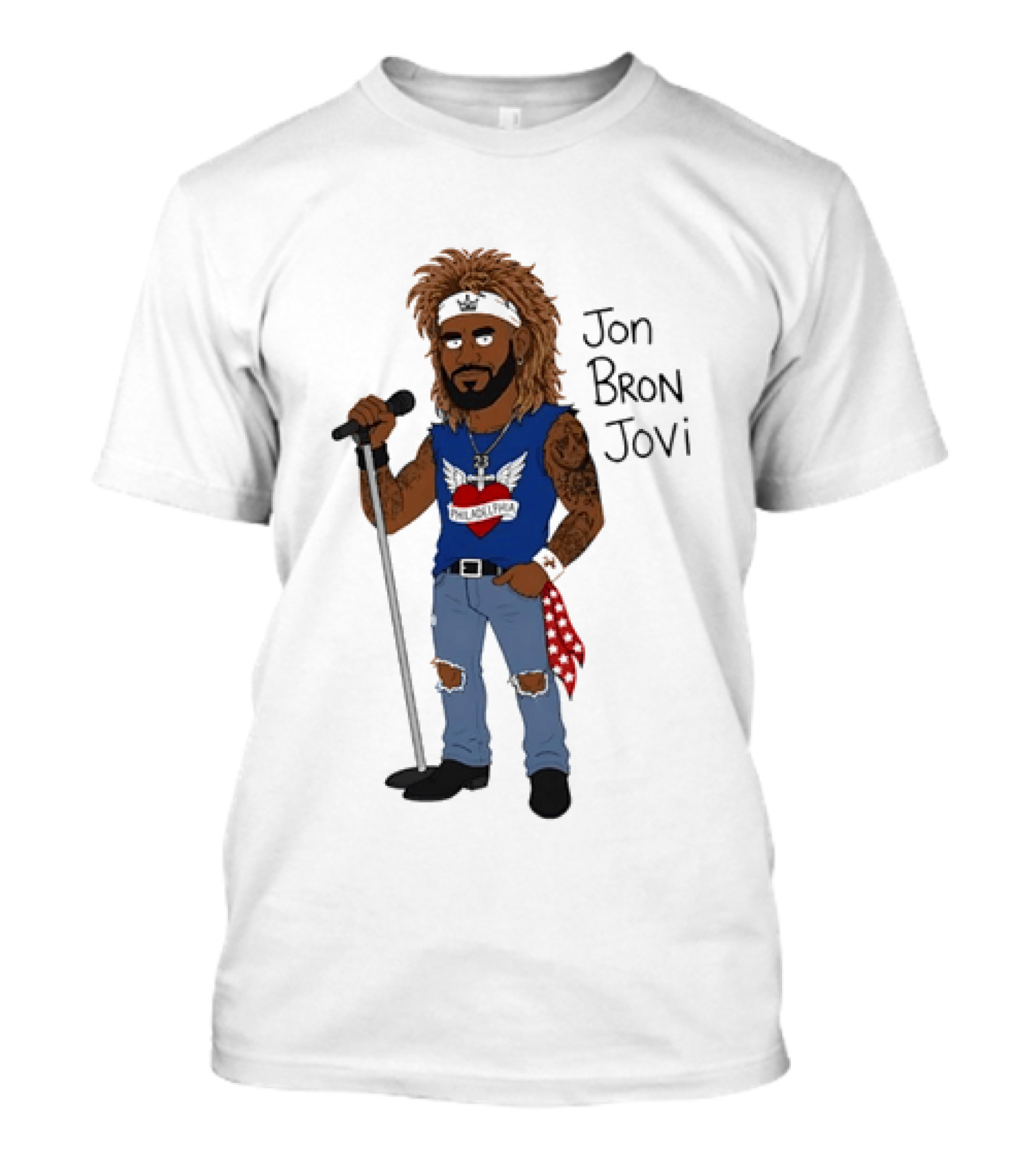 Philadelphia Jon Bron Jovi Cartoon Caricature Rockstar Holding Microphone Bandana Tattoo T-Shirt