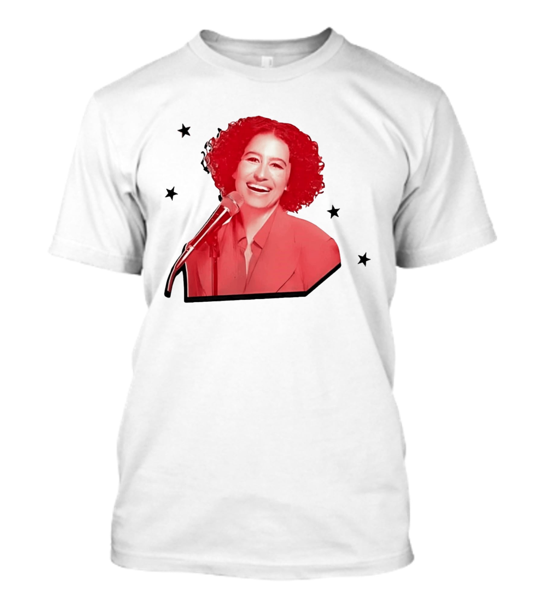 Red Tinted Woman Curly Hair Microphone Black Stars T-Shirt