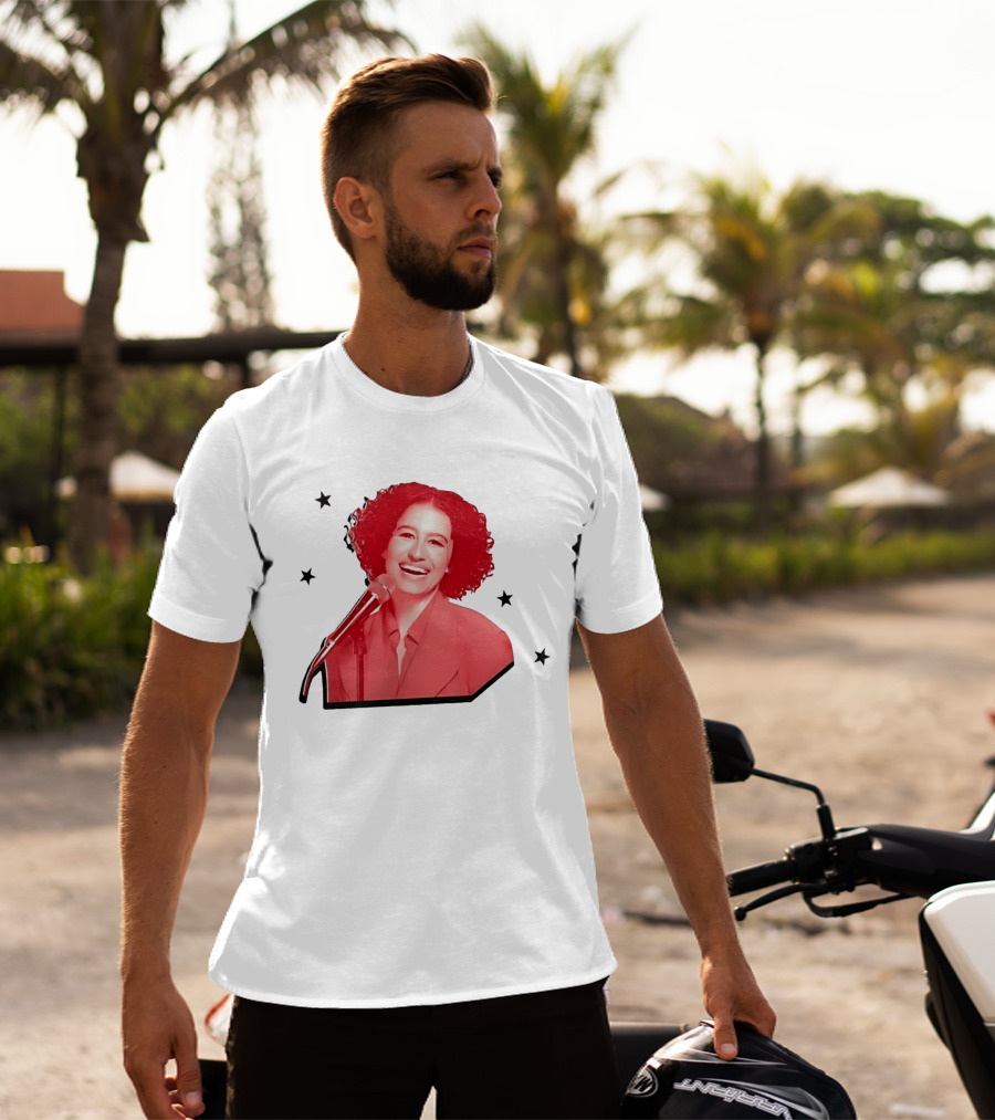 Red Tinted Woman Curly Hair Microphone Black Stars T-Shirt