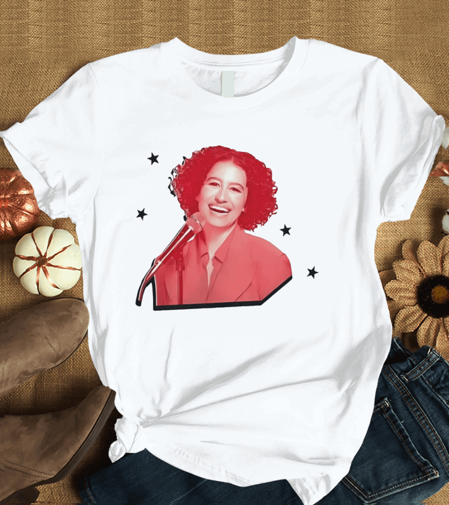 Red Tinted Woman Curly Hair Microphone Black Stars T-Shirt