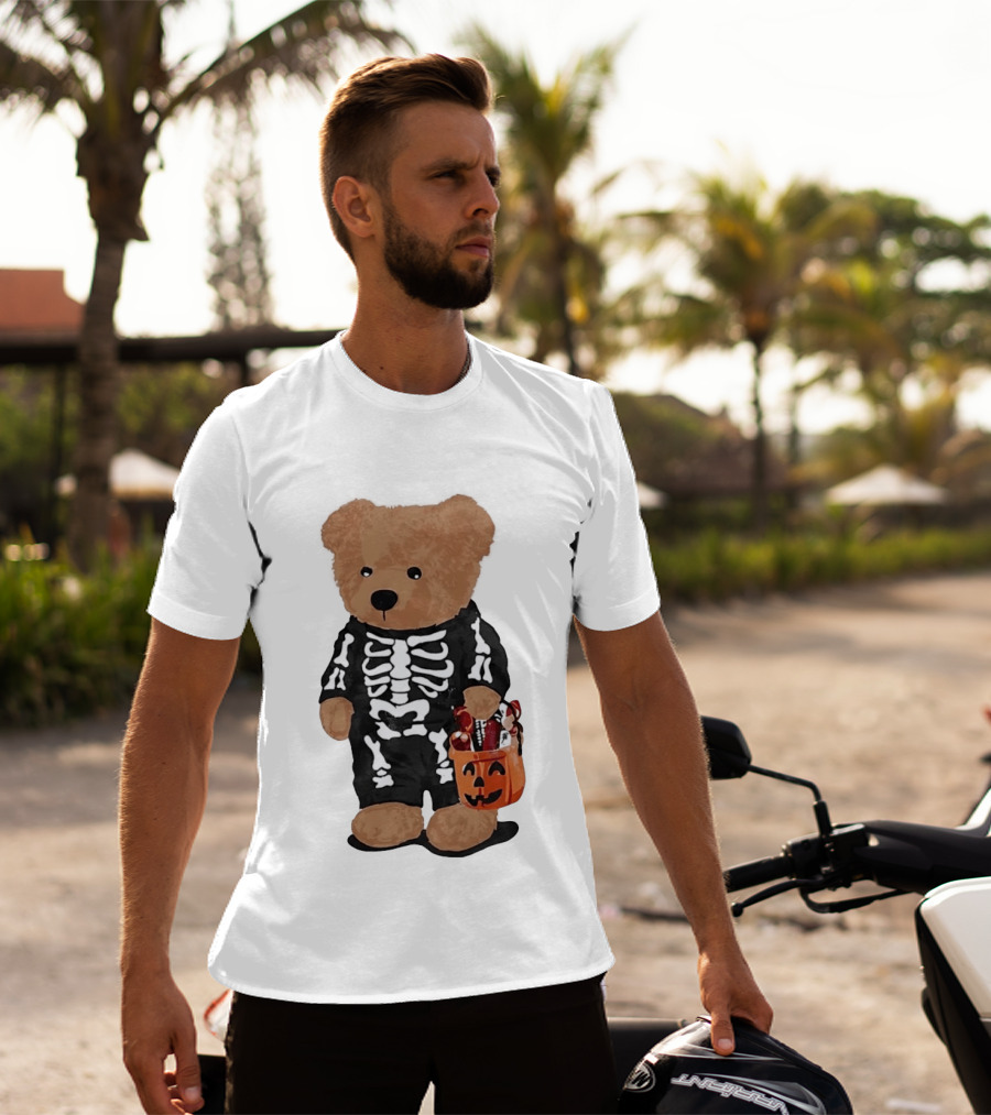 Teddy Bear Skeleton Costume Jack O Lantern Pumpkin Candy Cartoon T-Shirt