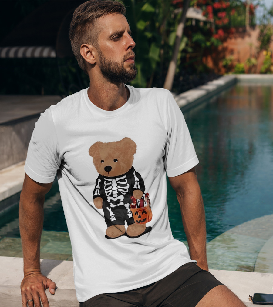 Teddy Bear Skeleton Costume Jack O Lantern Pumpkin Candy Cartoon T-Shirt