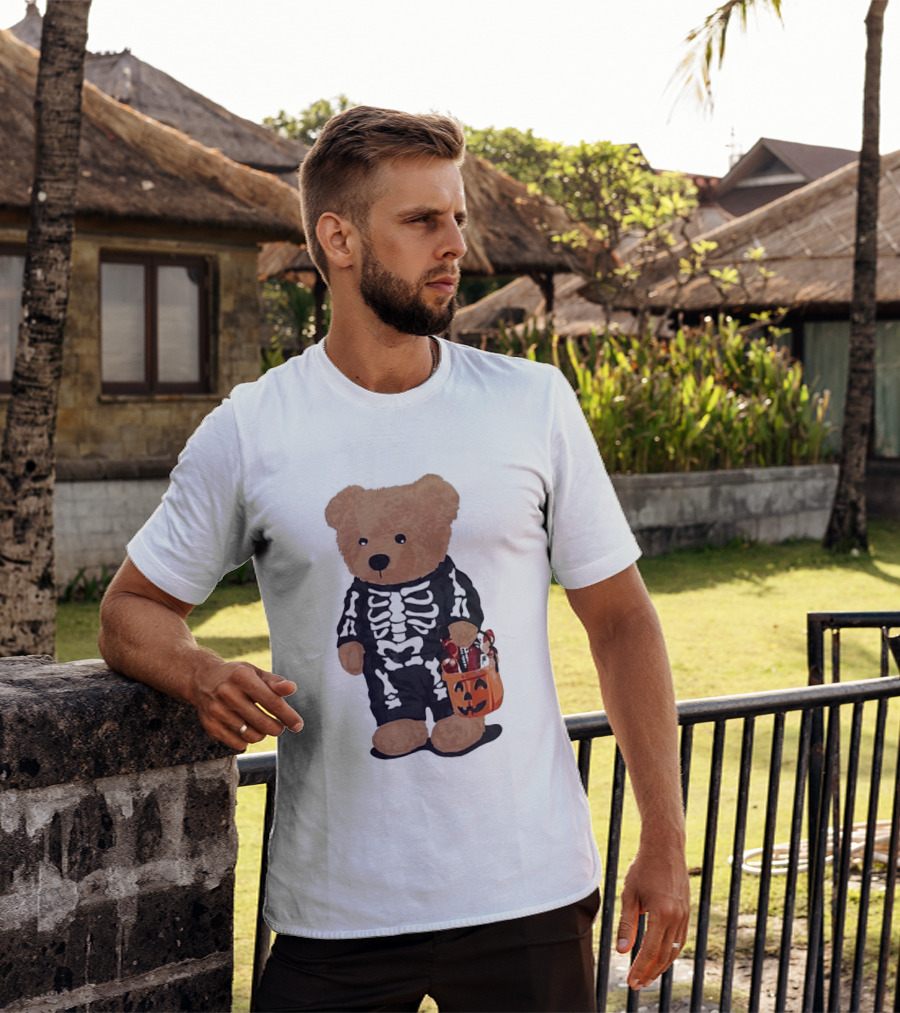 Teddy Bear Skeleton Costume Jack O Lantern Pumpkin Candy Cartoon T-Shirt