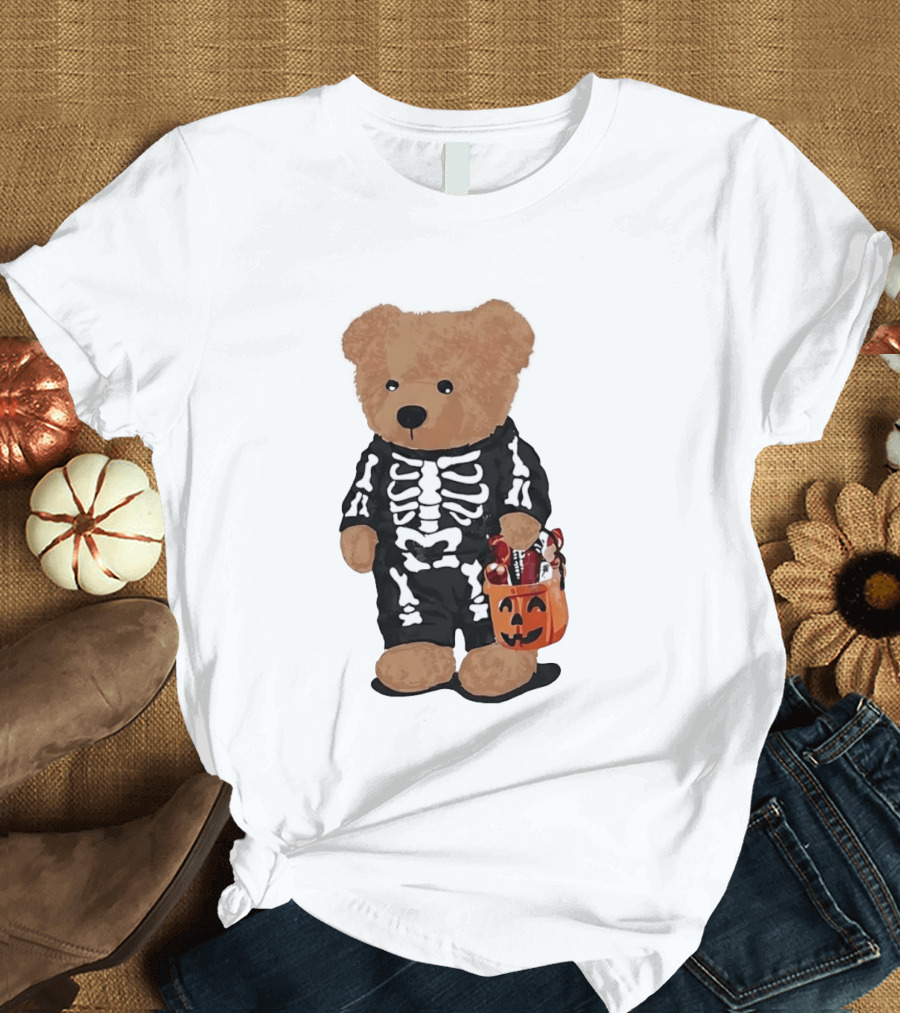 Teddy Bear Skeleton Costume Jack O Lantern Pumpkin Candy Cartoon T-Shirt