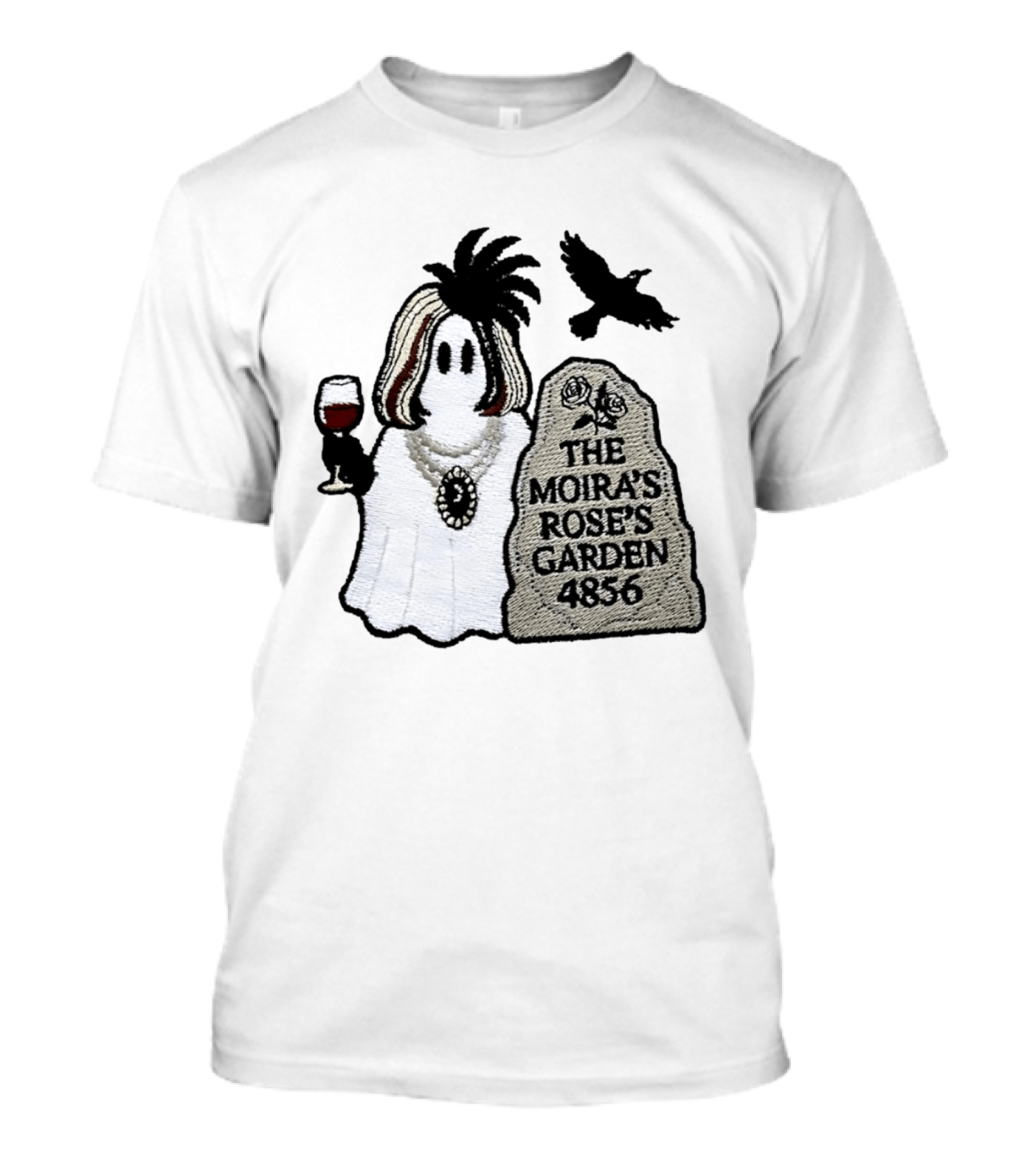 The Moira's Rose's Garden Ghost Wine Glass Tombstone Crow 4836 Wig T-Shirt