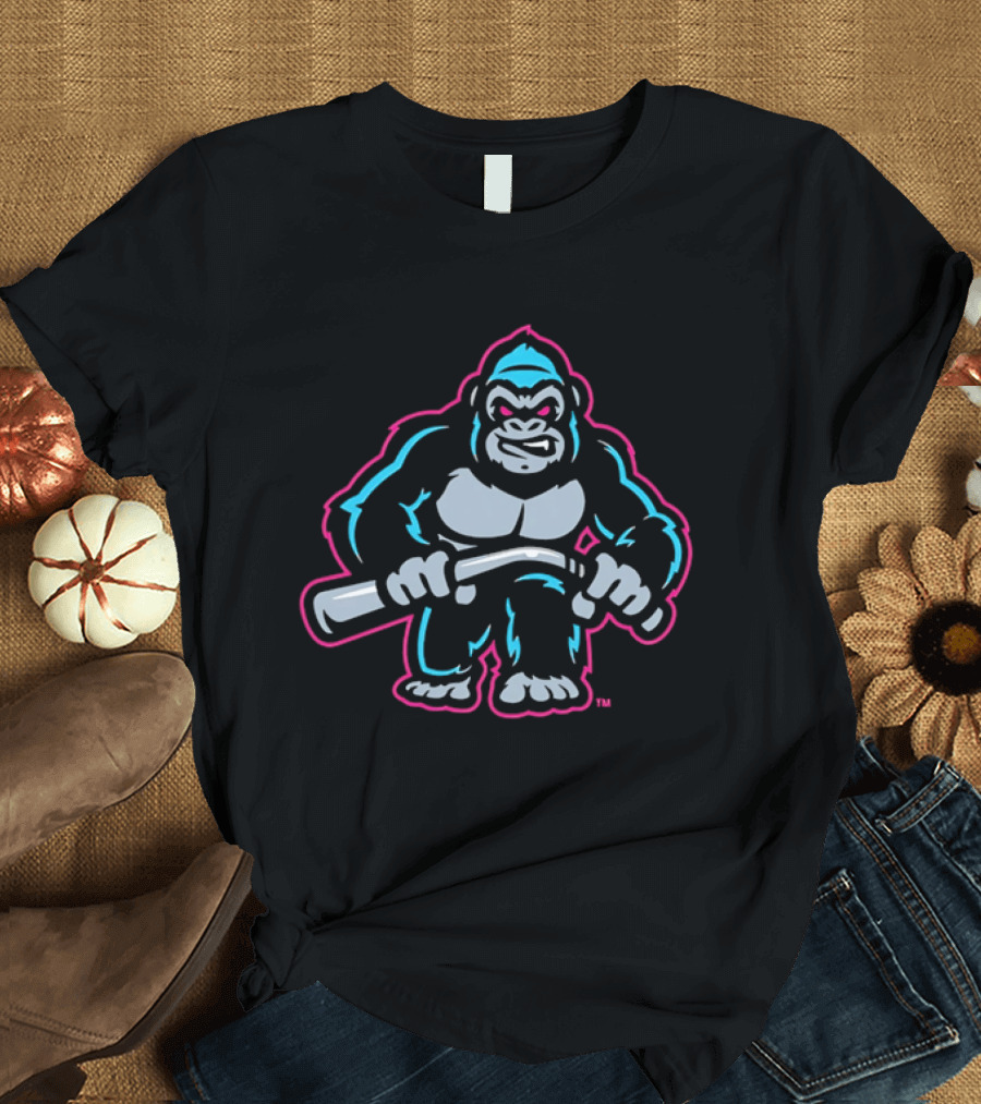 Aggressive Gorilla With Hockey Stick Neon T-Shirt