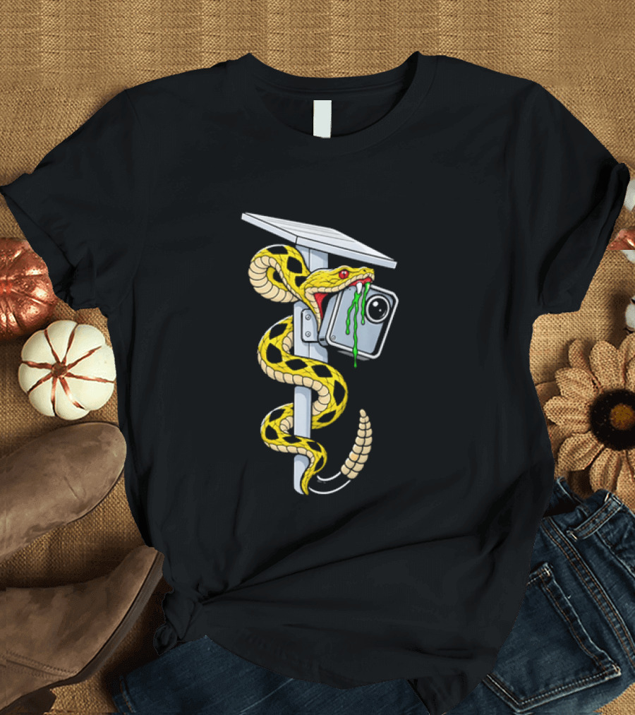 Cartoon Yellow Rattlesnake Biting Security Camera Solar Panel Pole Dripping Venom T-Shirt