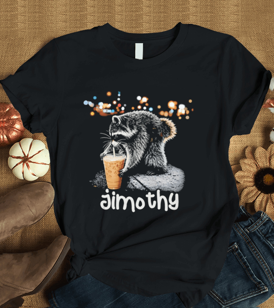 Jimothy Raccoon Sipping Iced Coffee Under Streetlights T-Shirt