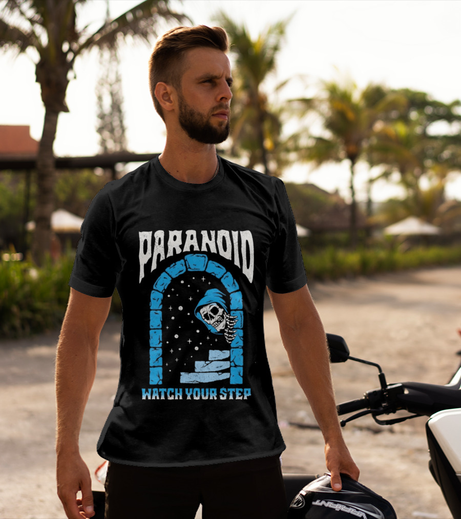 Paranoid Skeleton Peeking Stone Archway Your Step T-Shirt