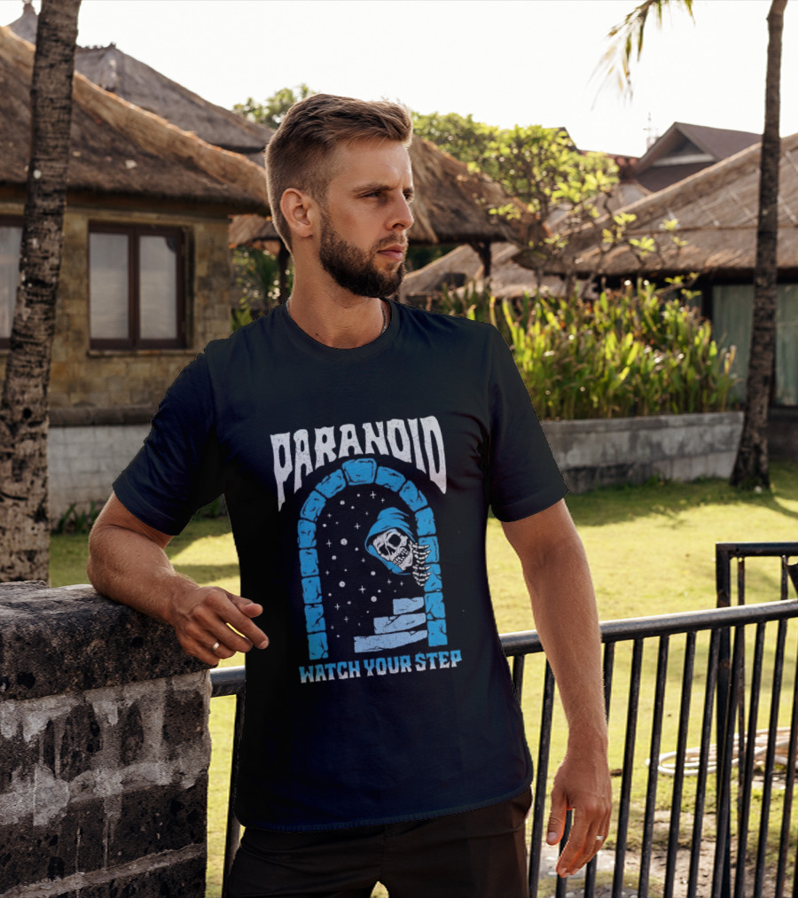 Paranoid Skeleton Peeking Stone Archway Your Step T-Shirt