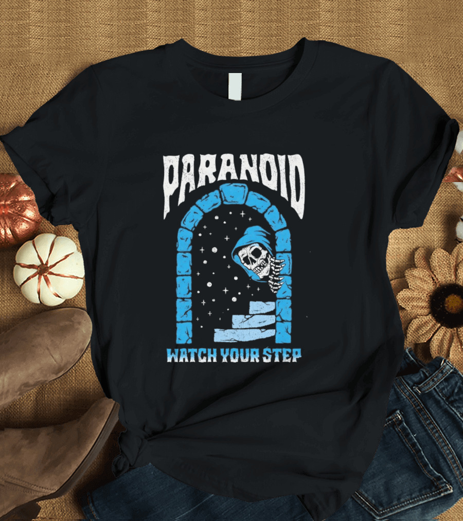 Paranoid Skeleton Peeking Stone Archway Your Step T-Shirt